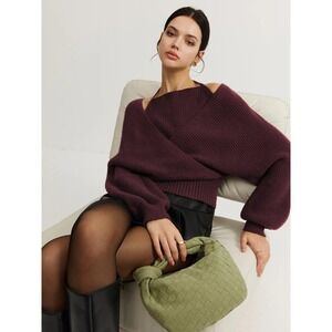 Commense Burgundy Knit Halter Neck Wrap Sweater Dolman‎ Sleeve Pullover Jumper L